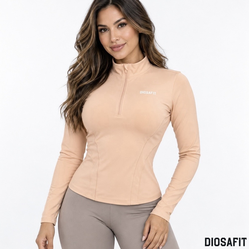Diosa Fit Women's XL Peach Nude 1/4 Zip Athletic Workout Top Long Sleeve Stretch